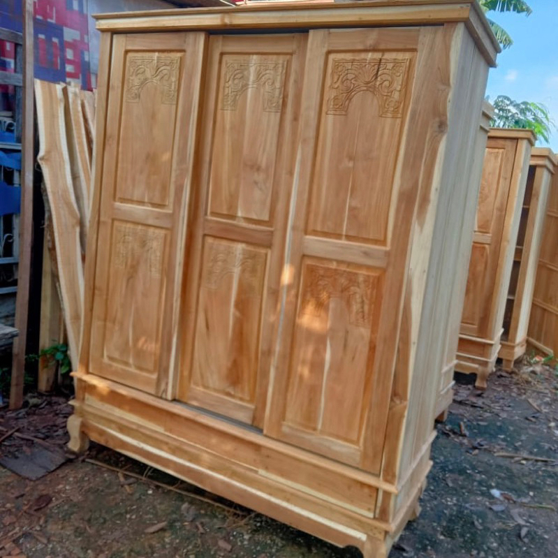 Lemari Pakaian Sliding Door 3 Pintu Minimalis Kayu Jati