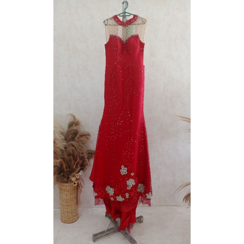 gaun prewedd/qipao gaun/ gaun wedding/ gau Merah marak/gaun kancingbelakang/ gaun seksi