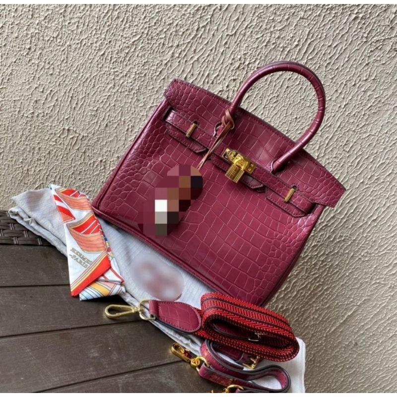 Tas Wanita handbag Croco maroon platinum HRM