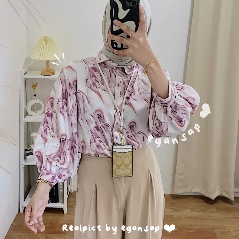 Meisya Blouse | Kemeja Marble Lengan Balon Atasan Wanita Fashion Korean Style