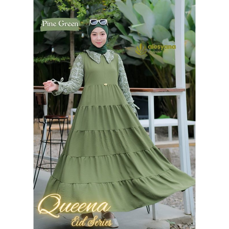 GAMIS LEBARAN MODEL LENGAN BRUKAT KOMBINASI POLOS/QUENA BRUKAT BRAND ALESYANA HIJAB