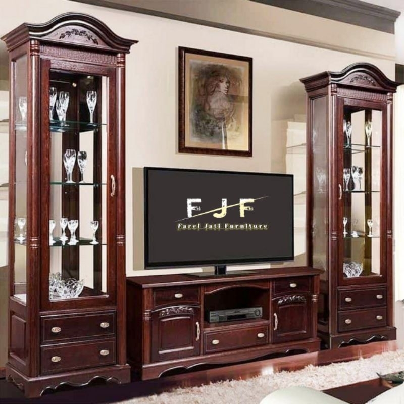 Glass Display Cabinet Tv Sideboard Lemari Kaca Pajangan Buffet Tv Jati Minimalis