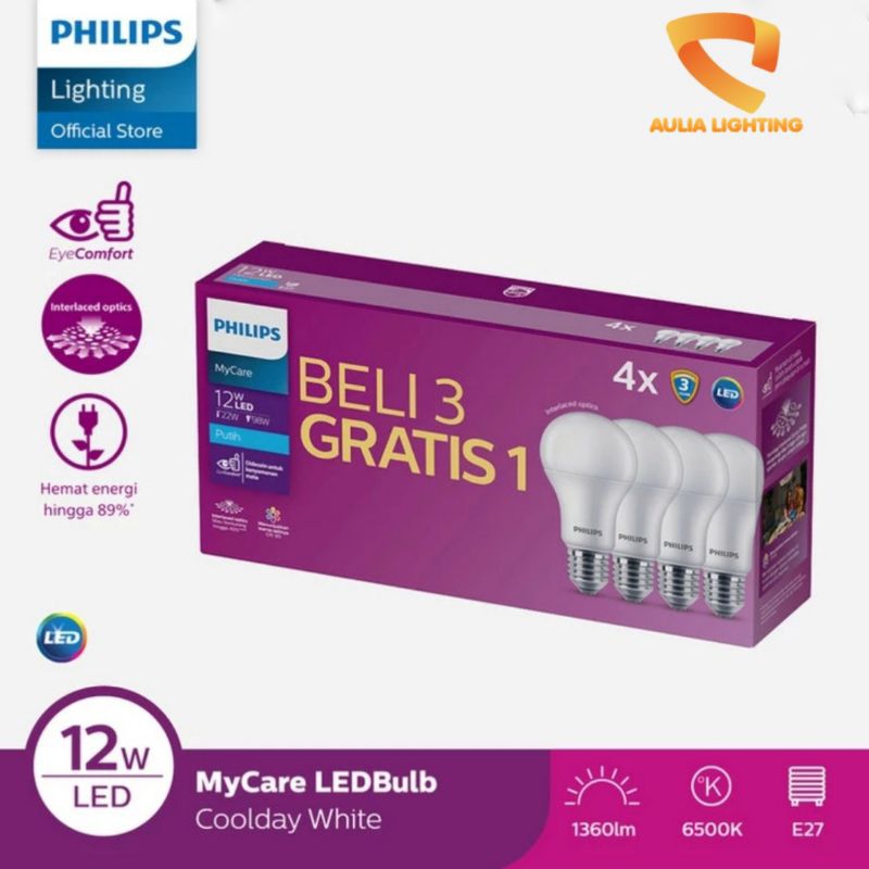 Multipack Led bulb Philips 12w paket beli 3 gratis 1 mycare - Lampu 12 watt 12watt 13w 13 watt