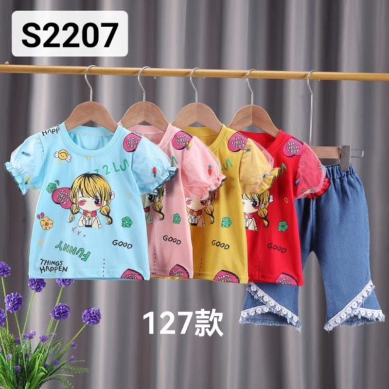 [1-5 TAHUN] SETELAN ANAK PEREMPUAN CELANA JEANS PANJANG CUTBRAY IMPORT+KAOS LUCU BAHAN KATUN COTTON BUNGA PITA 1 2 3 4 5 TAHUN