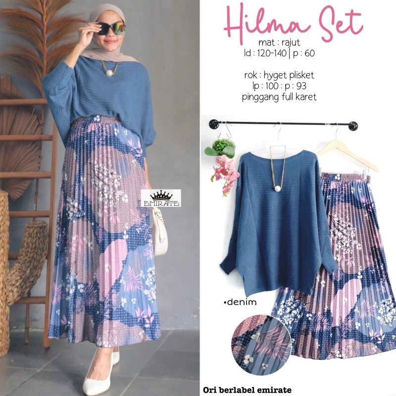 Setelan Rok Wanita Korean Style - Atasan Rajut Batwing Tunik Jumbo LD 120 + Rok Plisket Motif Floral