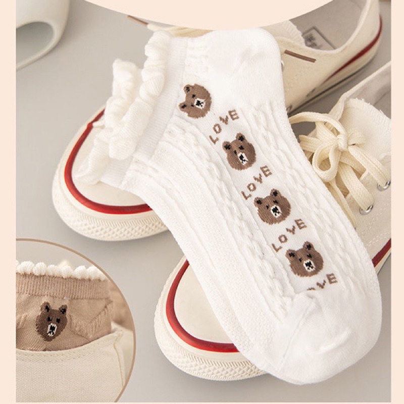 Kaos Kaki Wanita Motif Love Bear japanes