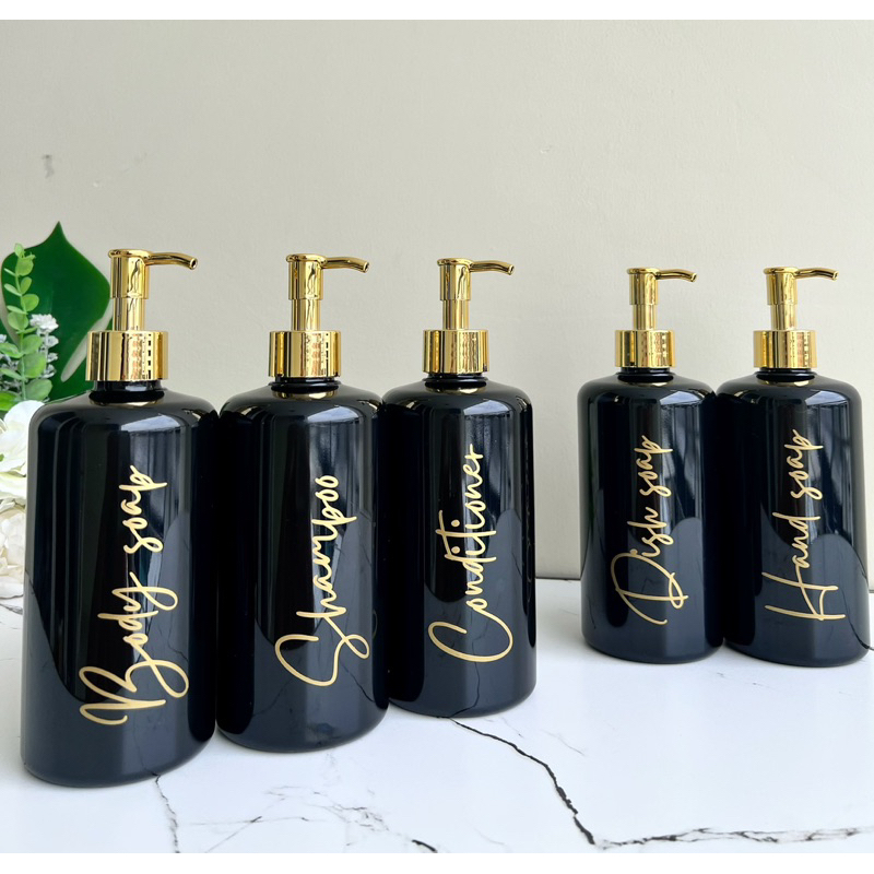 botol  HITAM GLOSSY N24 &amp; N28 500ml gold LUXURY. aesthetic bottle minimalist refill organizer tempat sabun cair pump estetik