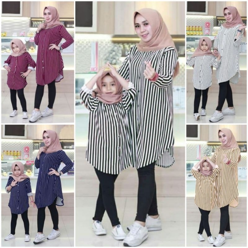 Baju Couple Ibu Dan Anak Perempuan / Tunik Couple Mom Dan Kids / Baju Tunik Salur Couple Ibu Dan Ana
