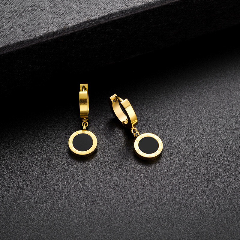 anting jepit bulat permata hitam putih titanium