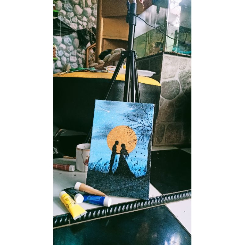 lukisan kanvas/cat acrylic/asli buatan tangan/bukan print/lukisan sepasang kekasih/lukisan moon