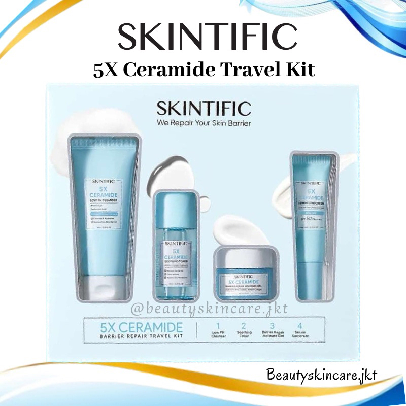 SKINTIFIC 5X Ceramide Travel Kit Skincare Paket Moisturizer + Cleanser + Shooting Toner + Serum Sunscreen