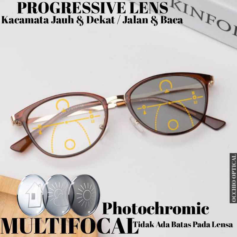 Kacamata Progresif Antiradiasi Photochromic Cat Eye Wanita | Kacamata Baca Plus Jalan | Frame Kacama