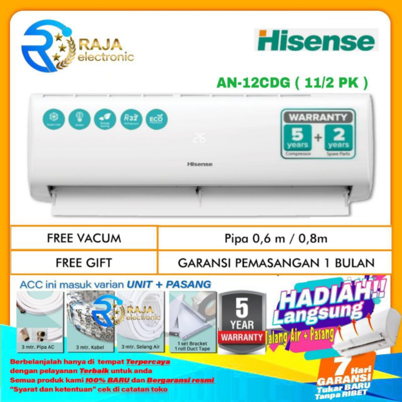 AC HISENSE 11/2 PK AN12CDG HEMAT ENERGI LOW VOLTAGE + INSTALASI PEMASANGAN