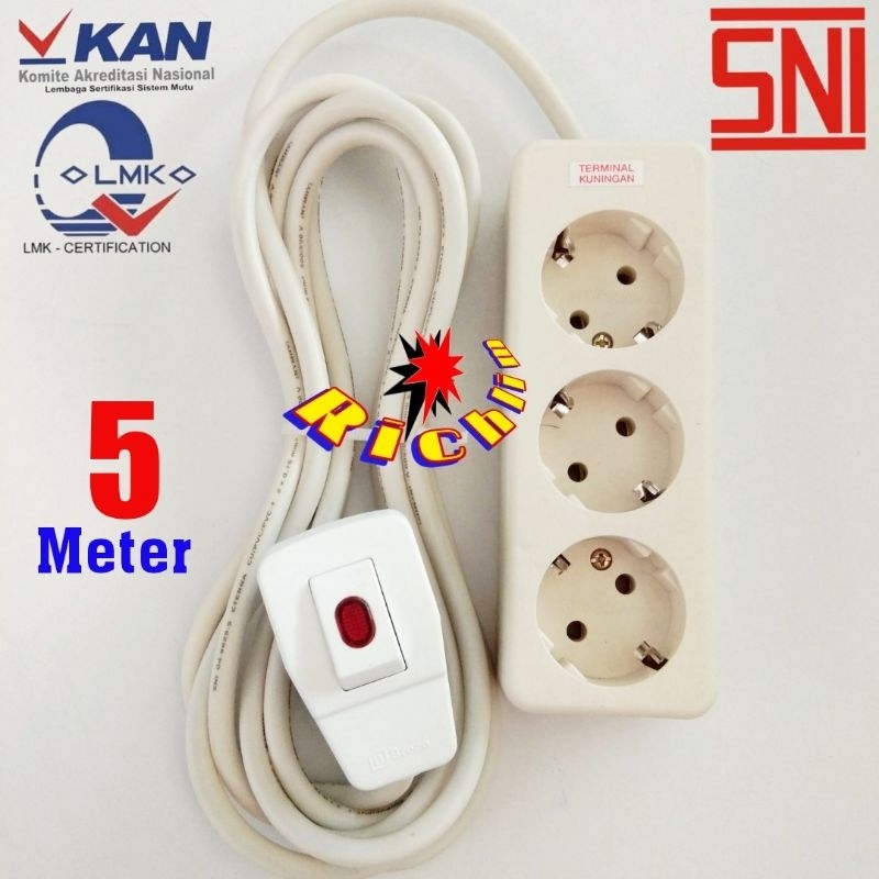 STOP KONTAK UTICON 3 LUBANG / 5 METER KABEL SERABUT TEMBAGA / STEKER LAMPU BROCO / COLOKAN LISTRIK