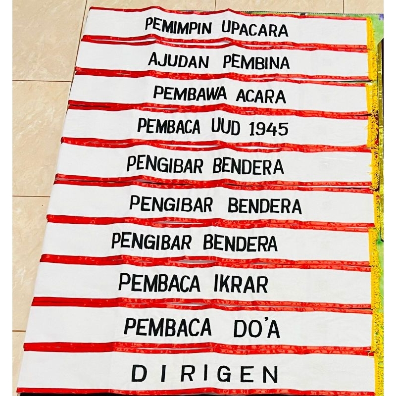 Selempang petugas upacara BORDIR, KAIN BLUDRU, lengkap isi 10, selempang ajudan, pembina, pengibar b
