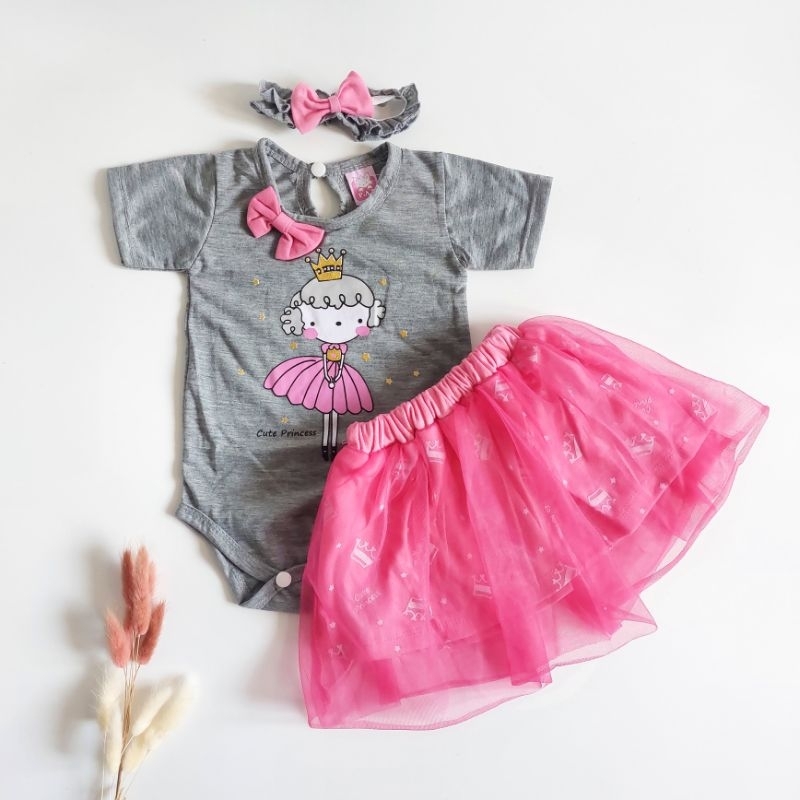 Baju Bayi Perempuan 0 6 bulan rok set newborn bando cute princess