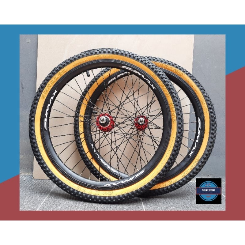 Sepasang Wheel Set 20 SUMAX 20 x 175 36 Hole × Bitex Merah Velg Jadi Pelk Jadi 20 Wheel set 20 Kompl