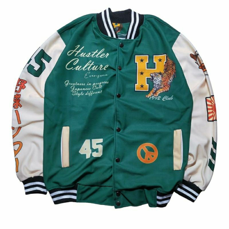 JAKET VARSITY JACKET BASEBALL SPORTY STREET STYLE TIGER hijau cream