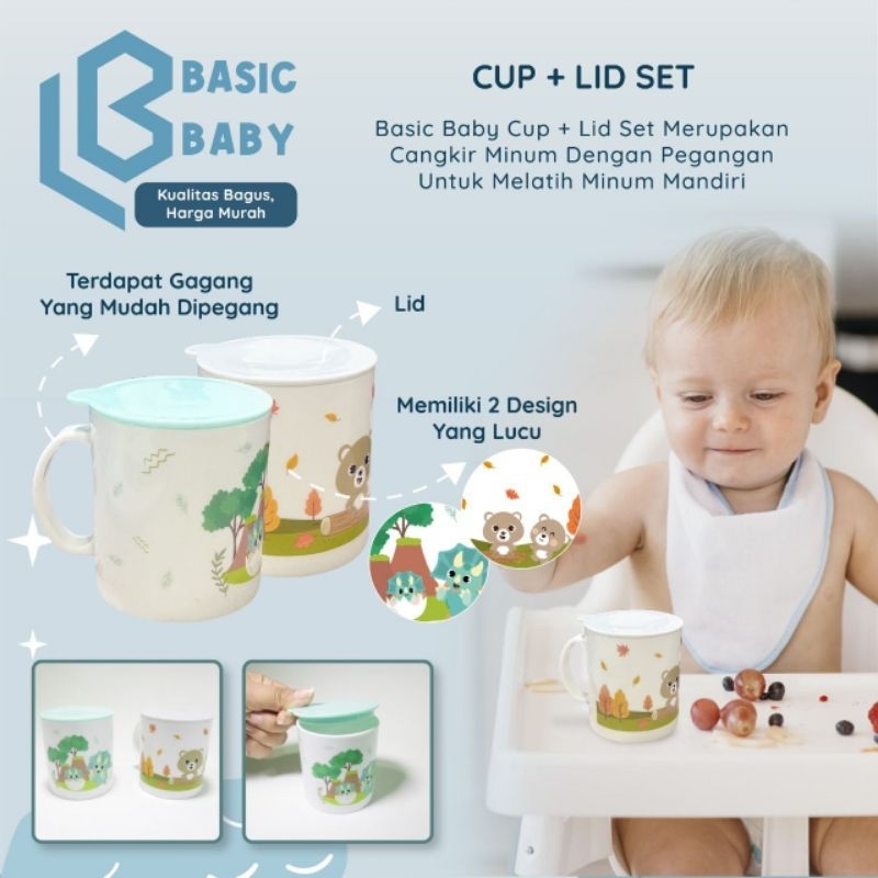 Basic baby cup + lid set - gelas minum bayi dengan tutup