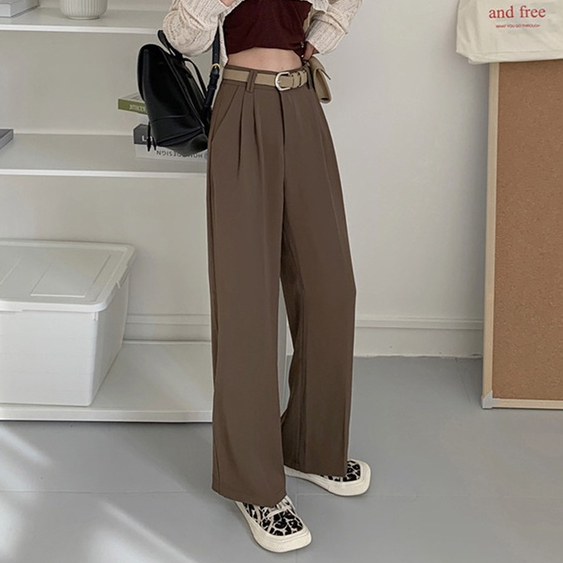 EUNII Celana Panjang Khaki Wanita Longgar Kasual Loose High Waist Straight Pants Korean Style