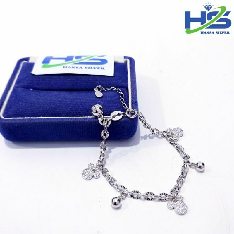 Gelang Perak Anak Bayi Asli Silver 925 Lapis Emas Putih Model Rantai Nori Ukir Mickey Mouse Permata Merah - Gelang anak Anti Karat