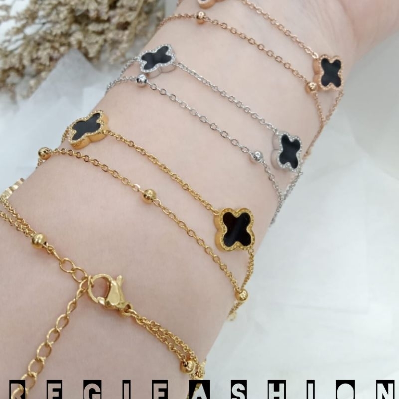 { COD } Gelang Titanium Wanita Desaign Clover Hitam 2 Layer Kalung Wanita Korea Terbaru Kekinian Anti Karat Tidak Luntur