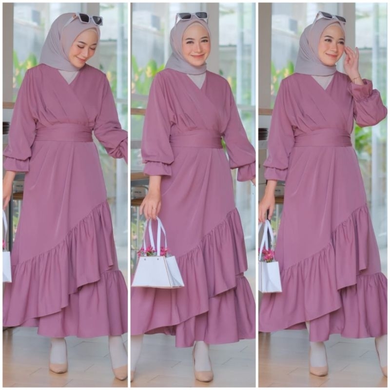 ♡ PREMIUM ♡ ORIGINAL ! YUNITA GAMIS DRAPPERY ASYMMETRIC BOTTOM RUFFLE MAXI DRESS ( HIJAB FRIENDLY )