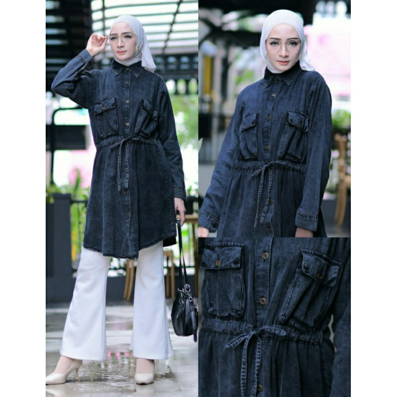 Mona Jeans Tunik, TUNIK JEANS WANITA CANTIK MODIS FIT XXL LD 110 BAHAN JEANS WASH IMPORT KANCING AKTIF TERMURAH OOTD KEKINIAN TERLARIS