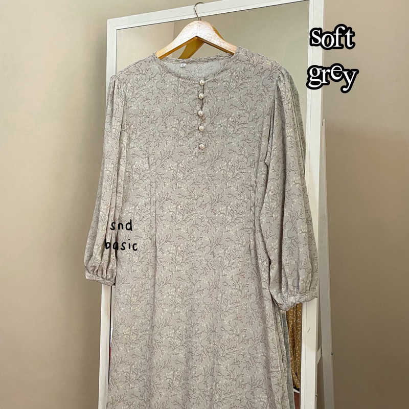 SHAKIRA DRESS | GAMIS MOTIF BUNGA KATUN FLOWER CRINKLE JUBAH ABAYA LEBARAN-soft grey