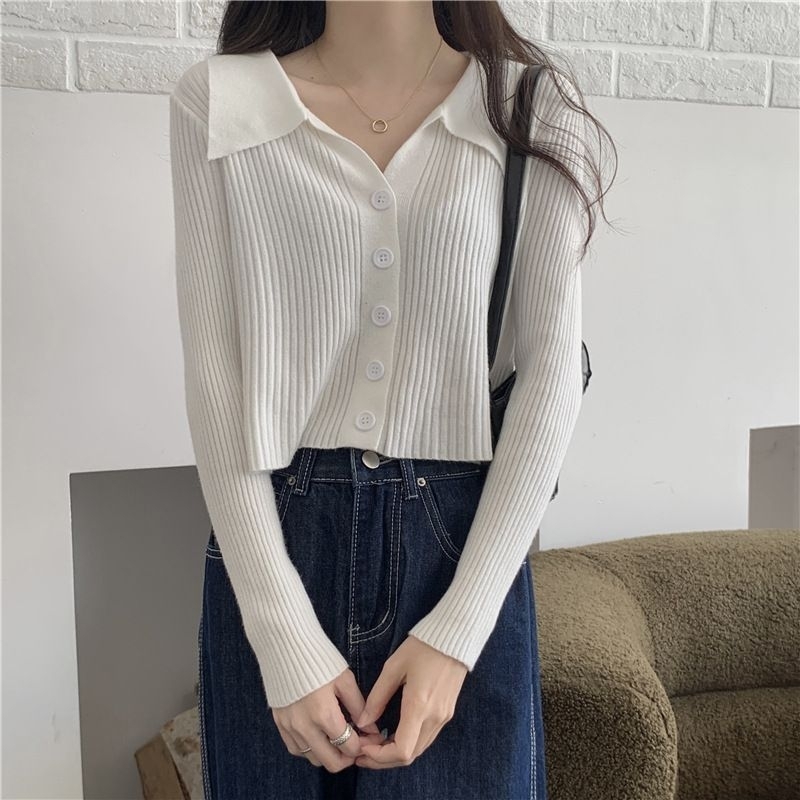 Atasan Rajut Wanita Import Poloshirt Knitwear Fashion Korean Crop Long Sleeve Knit Top Atasan Crop Atasan Korean Style Wanita