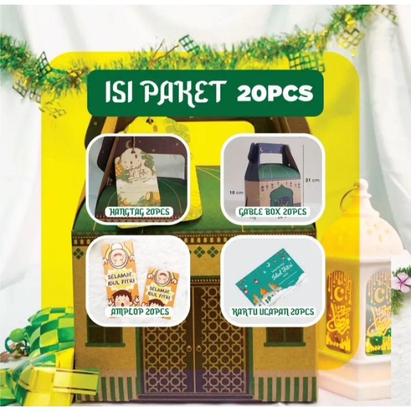 

( 20 pcs ) Gable box sudah dengan kartu ucapan lebaran amplop dan hangtag idul fitri 2025