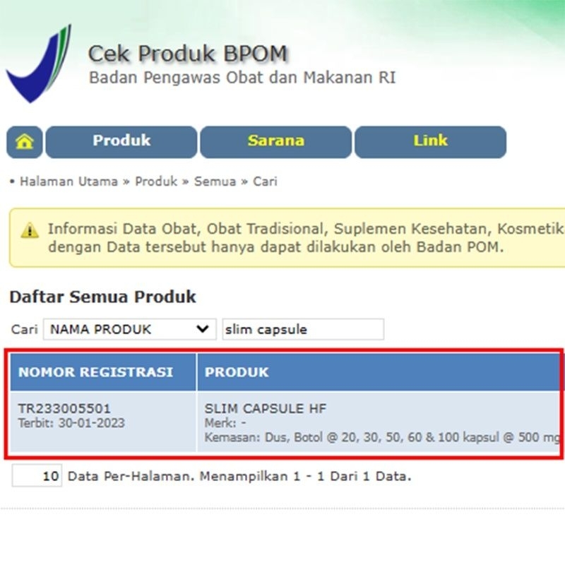 SLIM CAPSULE HF PENURUN BERAT BADAN / OBAT DIET