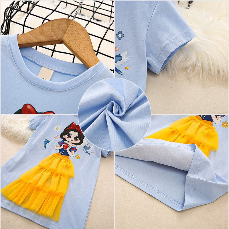 Dress Anak Perempuan Korean Look Bahan Premium Import 3D Gambar Princess Dress Lengan Pendek Anak Lucu Dress Anak Gambar Elsa Snow white Ariel Murah