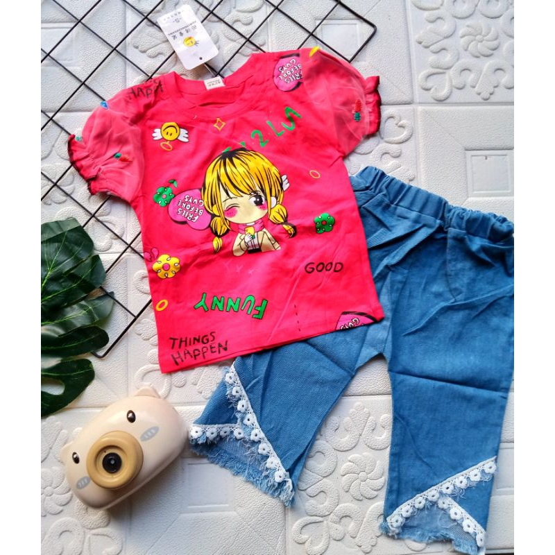 [1-5 TAHUN] SETELAN ANAK PEREMPUAN CELANA JEANS PANJANG CUTBRAY IMPORT+KAOS LUCU BAHAN KATUN COTTON BUNGA PITA 1 2 3 4 5 TAHUN