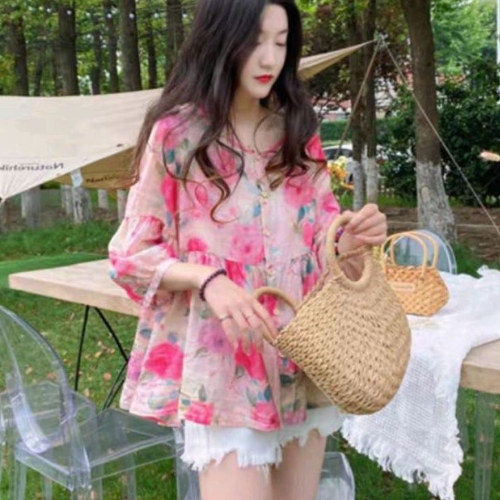 5078 Three M 3M Baju atasan blouse BABYDOLL bunga floral Korea Korean style wanita premium import ba