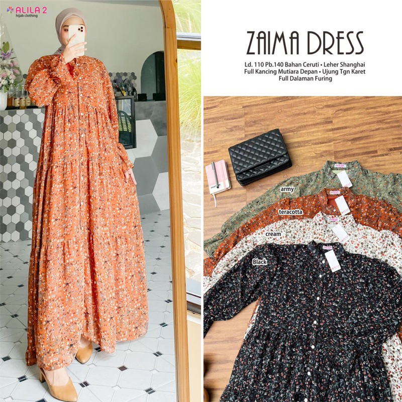 Zaima dress ORIGINAL by ALILA dan KHEYRA HIJAB (gamis dress maxi motif bunga kecil)