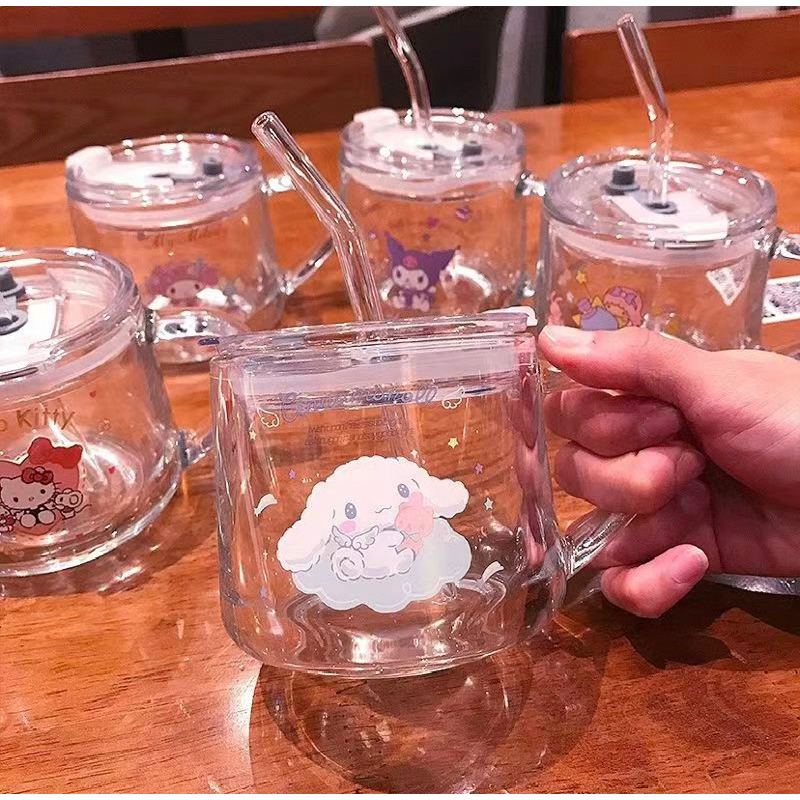 Training Cup Anak Gelas Kaca Motif Kuromi Kitty Melody Cinnamoroll