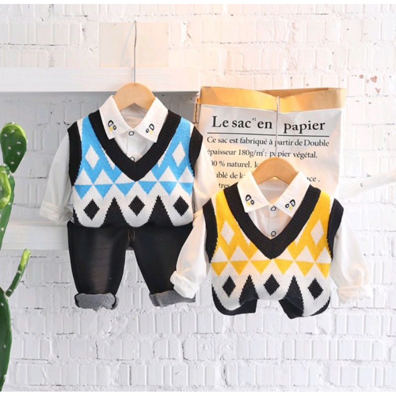 Nafeeza babyshop Setelan Anak Laki Laki 3in1 Rompi Vest rajut Kemeja dan Celana Anak Import