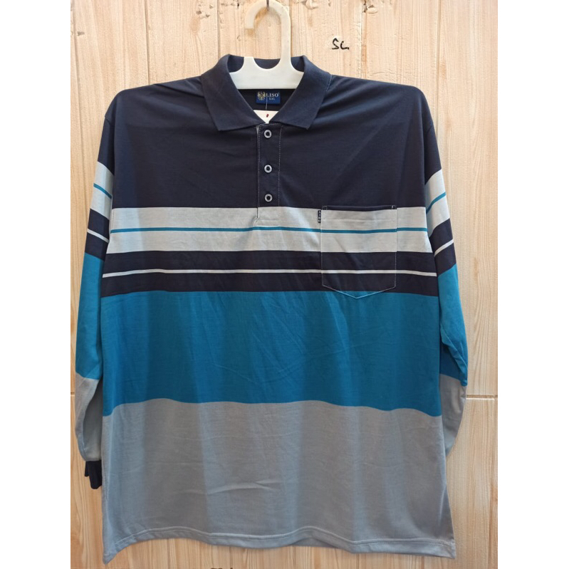 KAOS KERAH PRIA KRA STRIP LENGAN PANJANG SALUR JUMBO BIG SIZE L XL XXL katun biru laut tengah