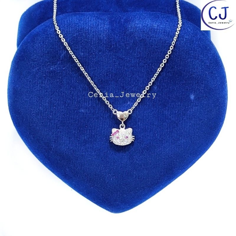 Kalung Perak Anak Asli Silver 925 Lapis Emas Putih Model Koye Rantai Nori Ukir Liontin Love Polos Variasi Hellokitty Permata - Perhiasan Perak Asli Anak