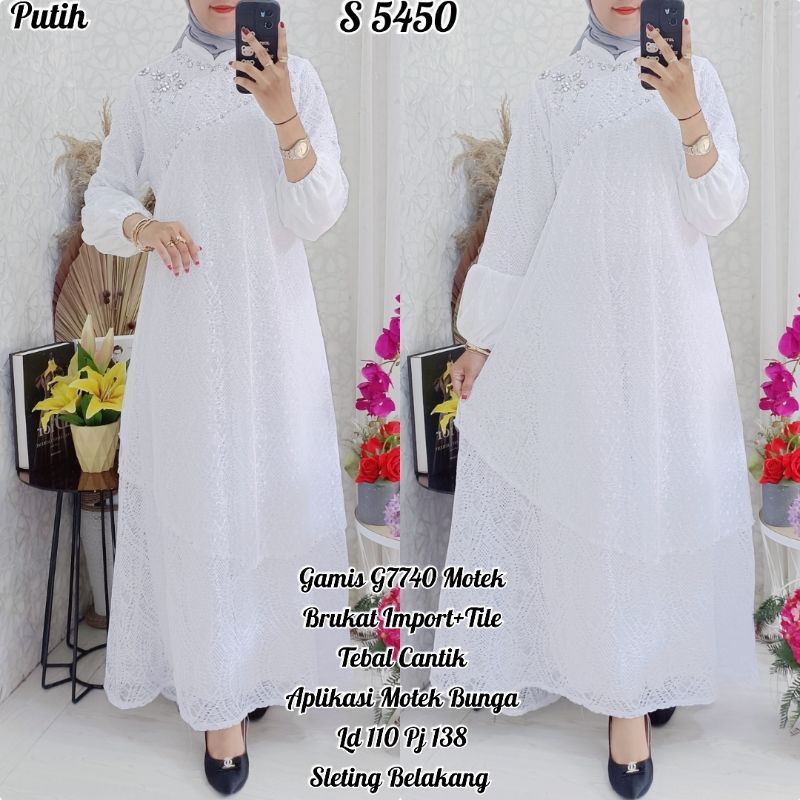 5450 #Gamis Brukat Kombi Tile Motek warna Putih