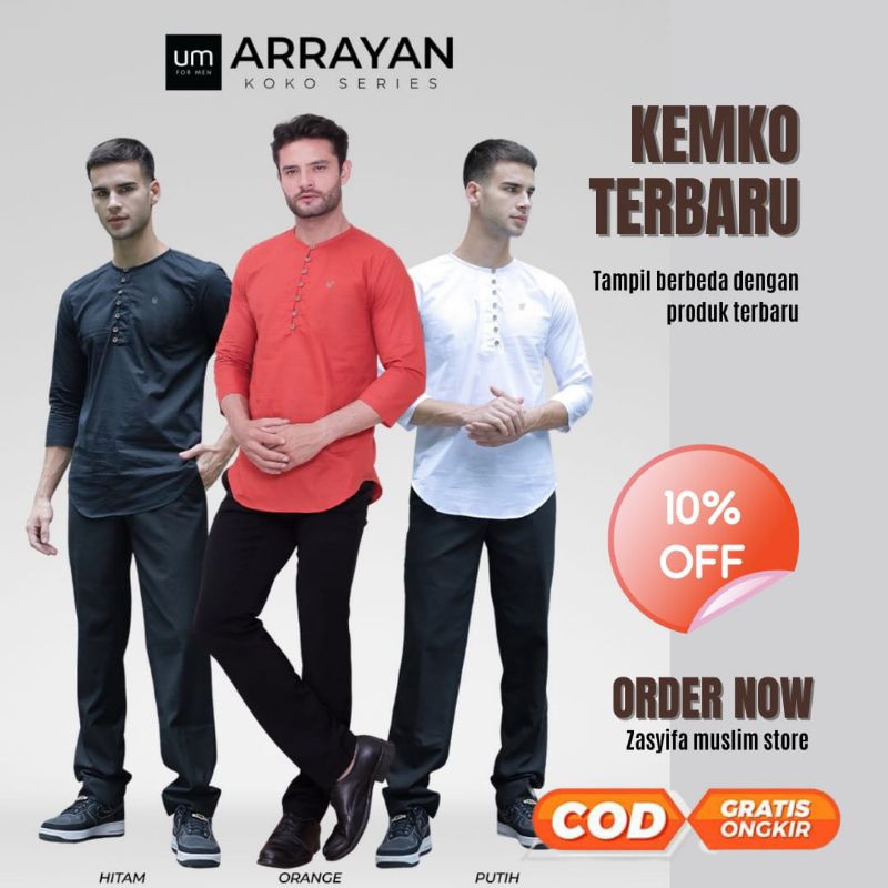 UKHTIMUNIRA Kemko Kemeja Koko Pria Dewasa Lengan Panjang Terbaru 2023 Arrayan Putih Navy Oranye Oran