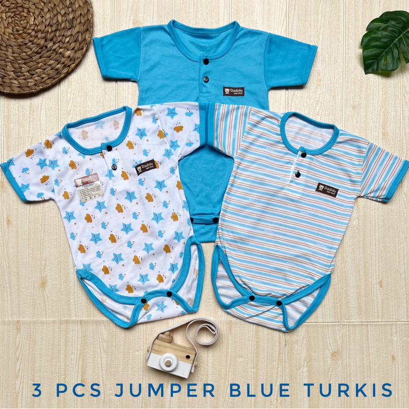 3 PCS Jumper Bayi Segitiga DADIDU 0-6 Bulan TURKIS BLUE Series / Baju Bayi Jumper Segitiga / Baju bayi Kodok Segitiga