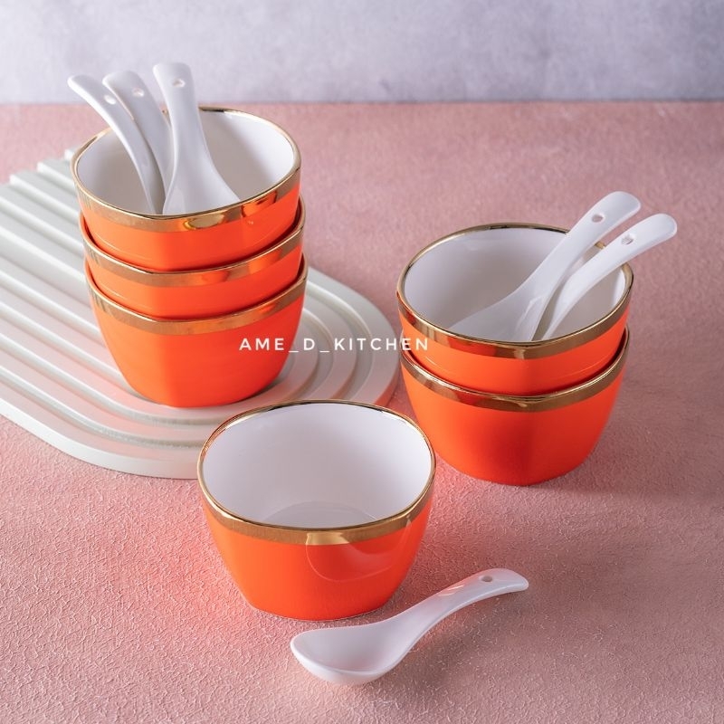 Mangkok set keramik isi 6 orange gold + sendok keramik + gift box