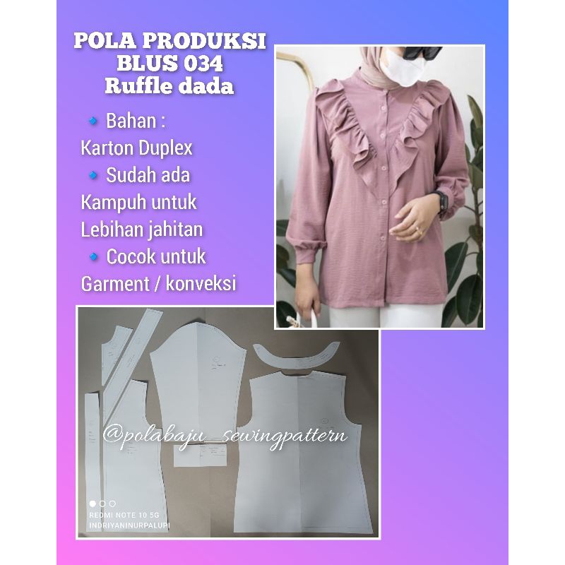 Pola Blus Crinkle Ruffle kerut dada 034 kerah shanghai - Pola Produksi Blus - Pola Baju atasan wanita muslimah - Blouse sewing pattern