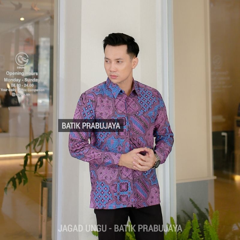 JAGAD UNGU Kemeja Batik Pria Modern Lengan Panjang Full Furing - Baju Hem Batik Pria Dewasa Kondangan Solo Ungu