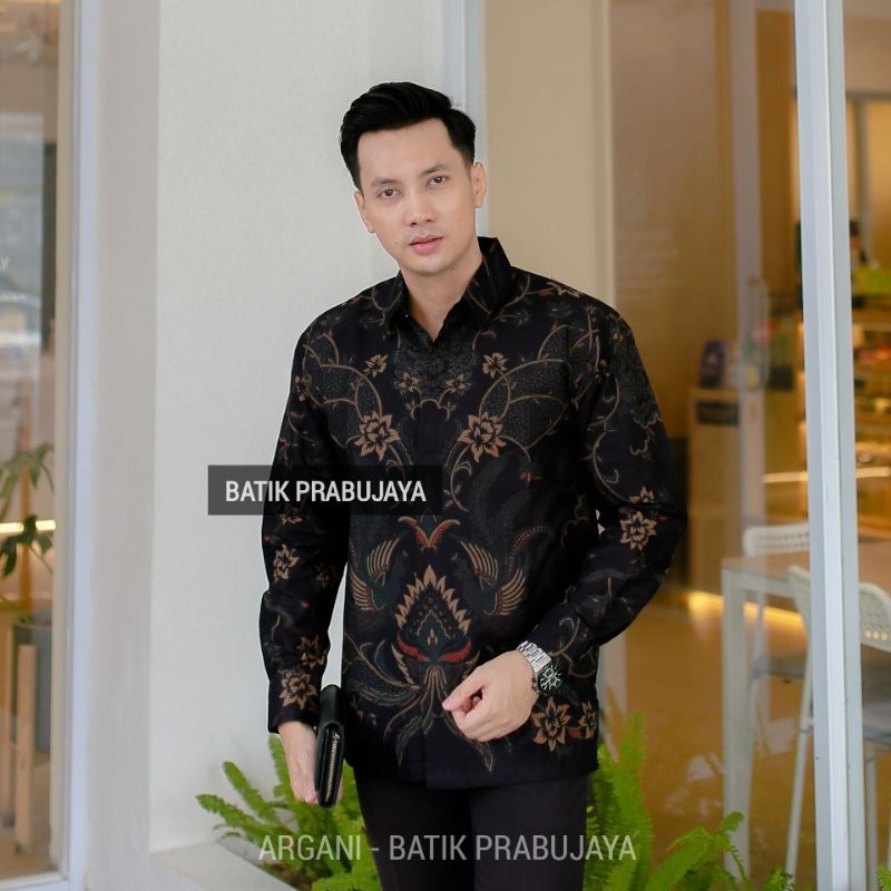 ARGANI Kemeja Batik Pria Modern Premium Lengan Panjang Terbaru - Baju Hem Batik Pria Hitam Tangan Panjang Cowok Kondangan Pesta Kerja