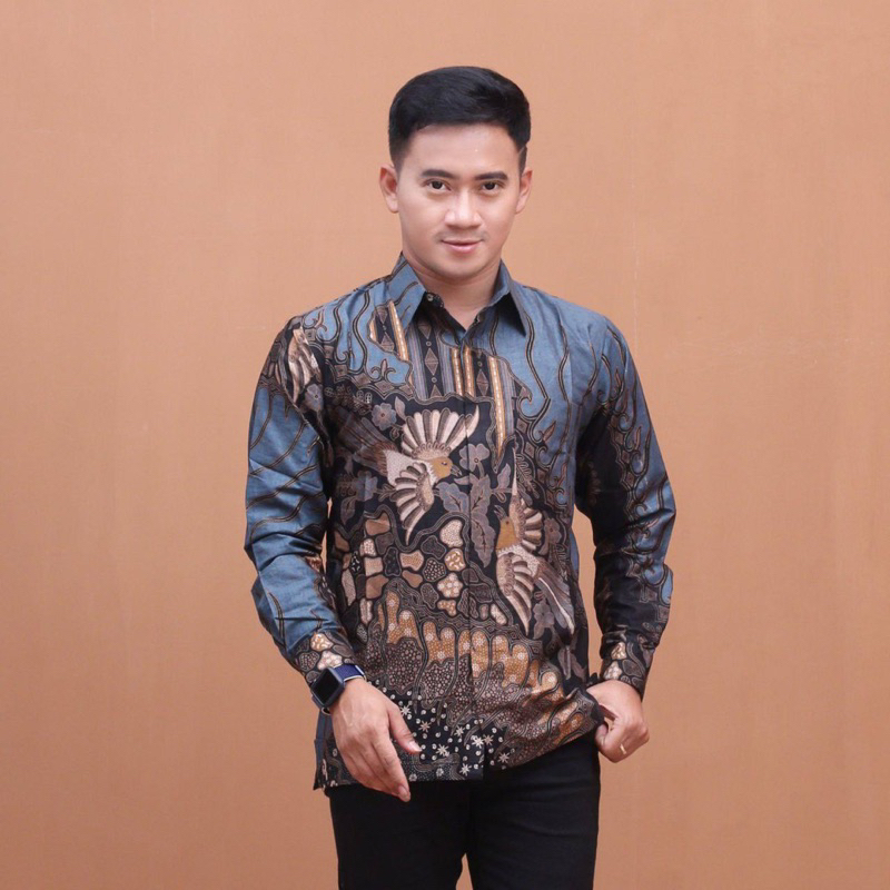 Atasan Tunik Batik Couple Kemeja Pria Batik Lengan Panjang BEST SELLER - Motif Manuk Tarung Biru