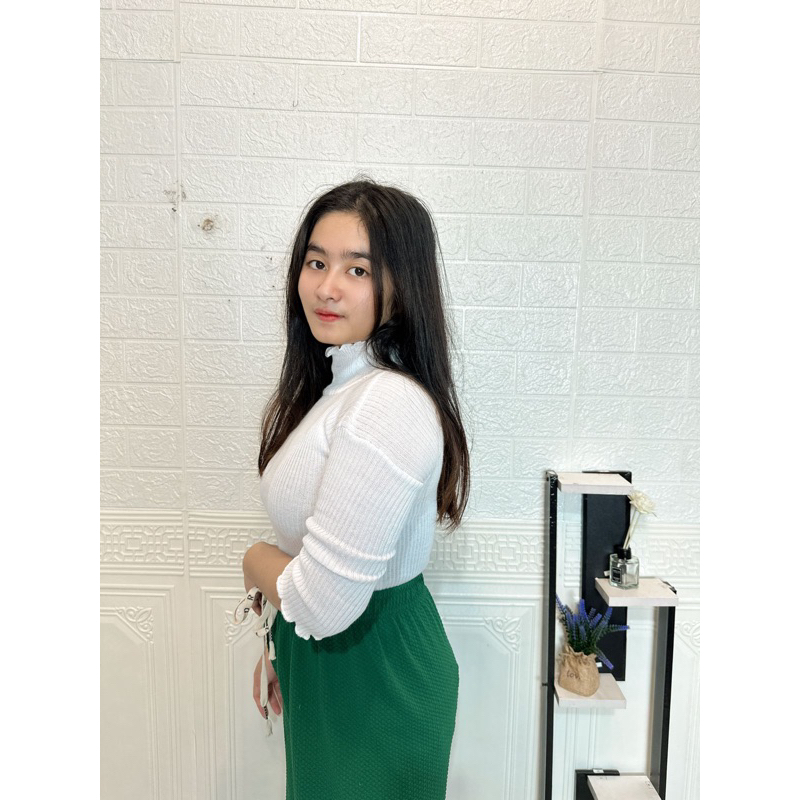 Atasan Rajut Wanita Turtleneck Kriwil - Inner Kerah Tinggi Lengan 3/4 - Rajut Turtleneck Kriwil Full Neci