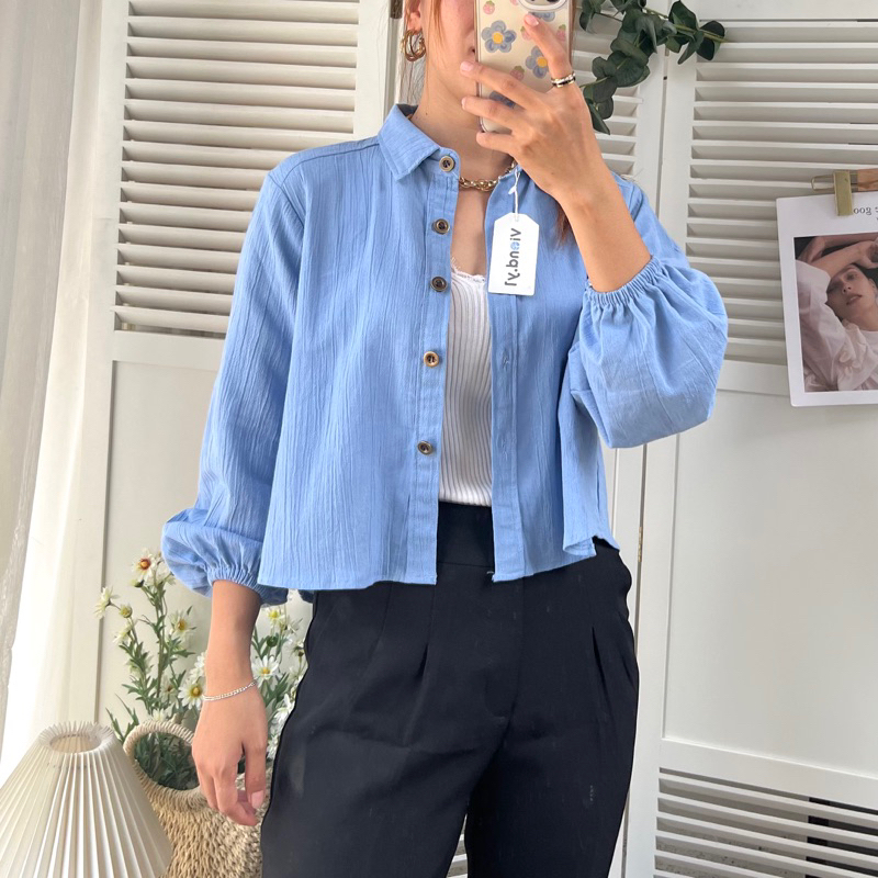 Atasan Wanita Korea Crop / Kemeja Linen Polos / Shirt Lengan Panjang / Blouse Longshirt E09